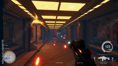 Canvastavla First person shooter videogame with automatic gun shooting laser bullets at flying robotic foes