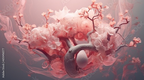 A heart shaped object is surrounded by pink flowers © Maria Starus