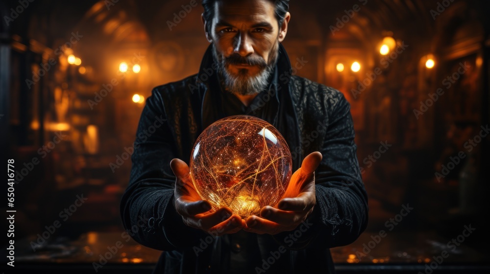 Magician holding glowing globe on a big stage.