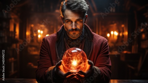 Obraz na plátne Magician holding glowing globe on a big stage.