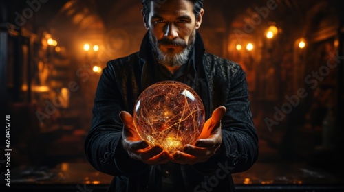 Magician holding glowing globe on a big stage.