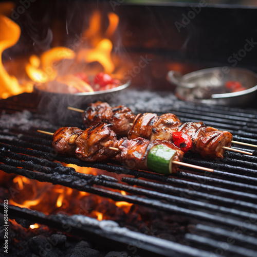 skewer food on a grill outdoor in the garden