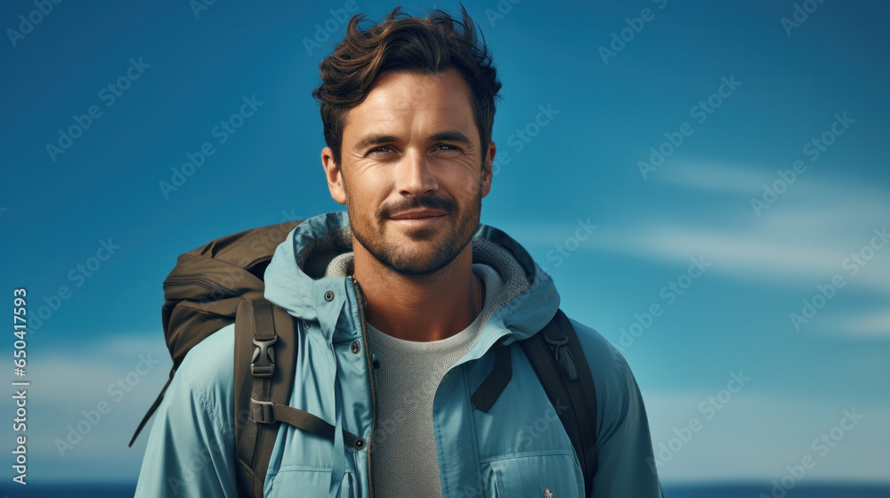 Handsome Man tourist with big backpack on blue background. Handsome Man tourist with big backpack on blue background.