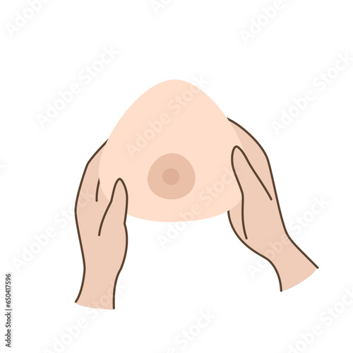 Hands holding Breast prosthesis. Breast prosthesis for breast cancer patient after mastectomy. Vector illustration.