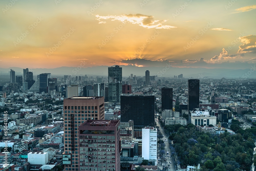 Aerial view of Mexico City at sunset