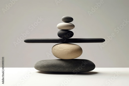 Generative AI image of pebbles balancing on black plank on round stone with shade and placed on rock on white surface against gray wall in day photo