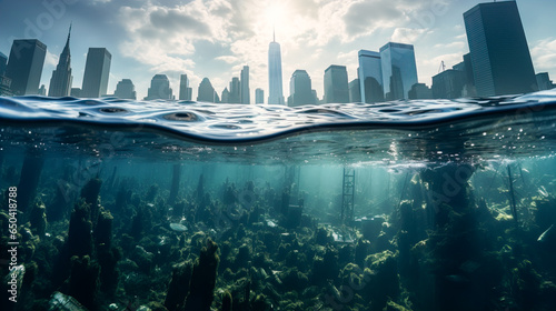 Generative AI illustration of from below seawater with plants and exterior of skyscrapers buildings of NYC in deluge during global warming in sunny cloudy sky
