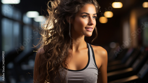 beautiful young woman is posing on the gym background