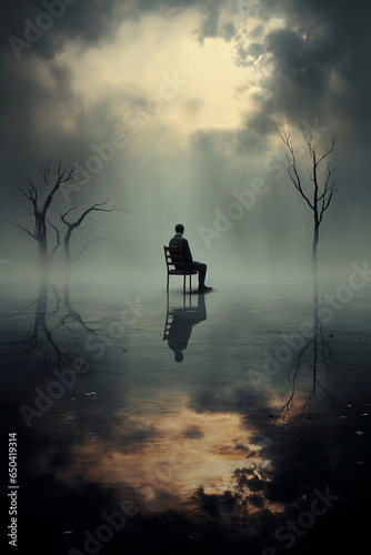 Generative Ai illustration of back view silhouette of unrecognizable thoughtful man sitting in chair alone in creepy foggy lake with leafless tress with cloudy sky photo