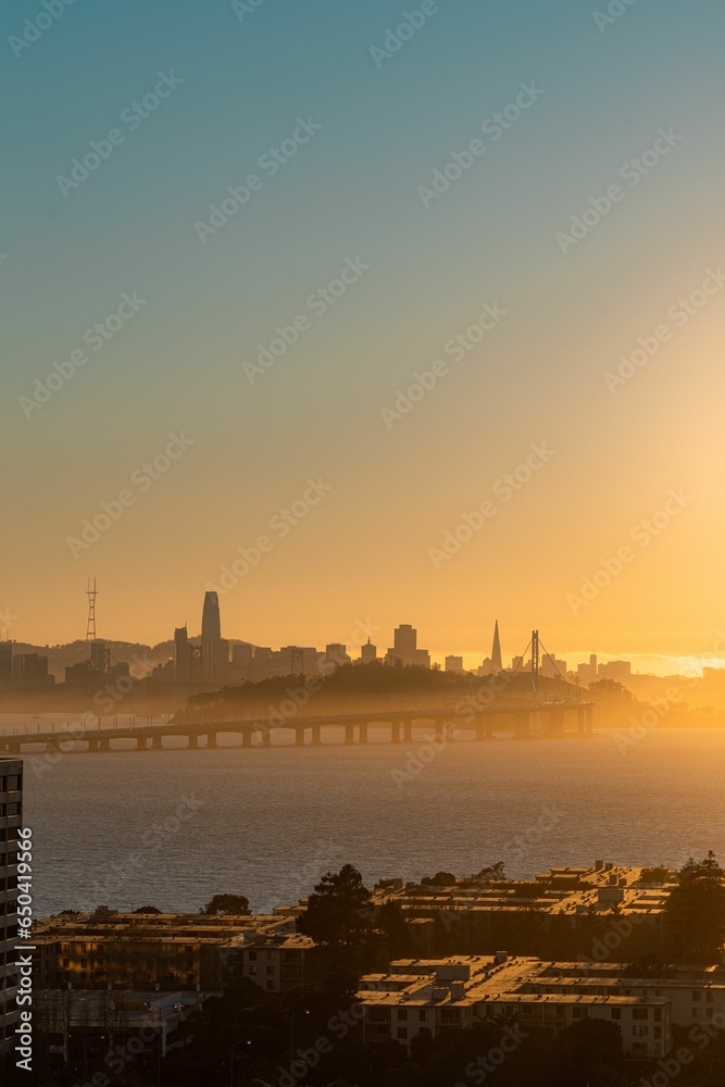 Iconic skyline of San Francisco, California at sunset