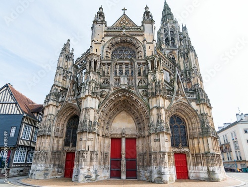 Low angle of the entry of the Eglise Notre Dame in Caudebec-en-Caux in Normandy, France photo