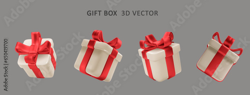 3d Christmas gift boxes with red bows isolated. Realistic vector modern holiday surprise box. Vector icon for present, birthday or wedding banners