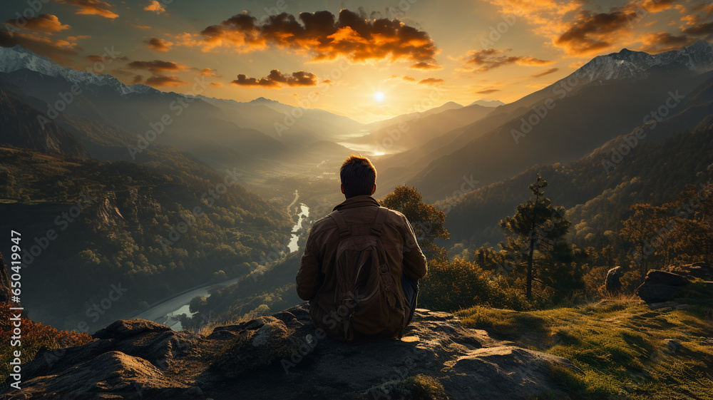 man in the mountains at sunset, travel and adventure, freedom, freedom man in the mountains at sunset, travel and adventure, freedom, freedom