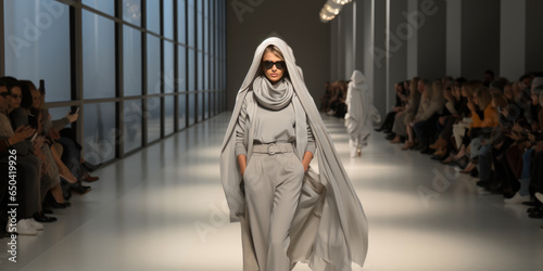 model woman in coat walking in catwalk fashion show