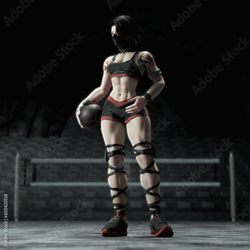 strong female volleyball player in a mildly dark stadium environment with soft focus background © archangelworks