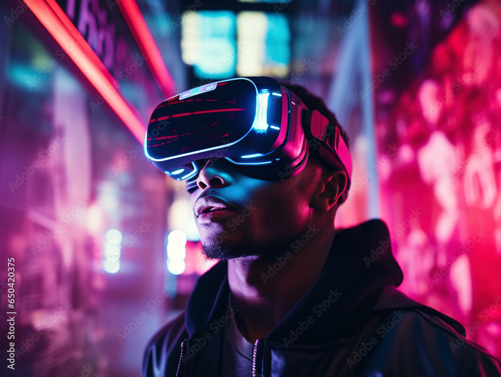 Young black man with virtual reality headset on night city street with neon lights. Young black man with virtual reality headset on night city street with neon lights.