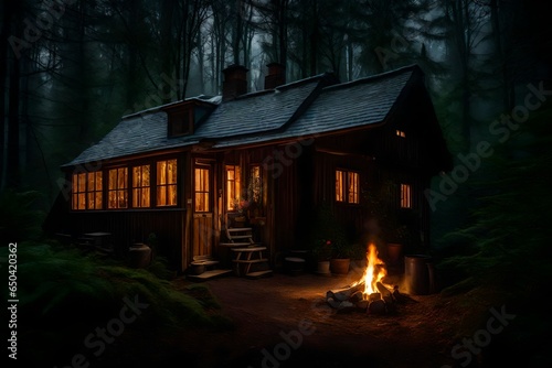 The warmth of a cottage's wood-burning stove, casting a comforting glow on a cool forest evening