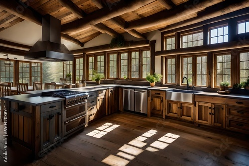 The inviting warmth of a cottage kitchen, with beams and a farmhouse sink overlooking a forest view