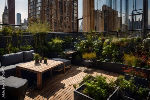 A loft apartment's urban garden terrace, with a mix of native plants and a city skyline backdrop photo