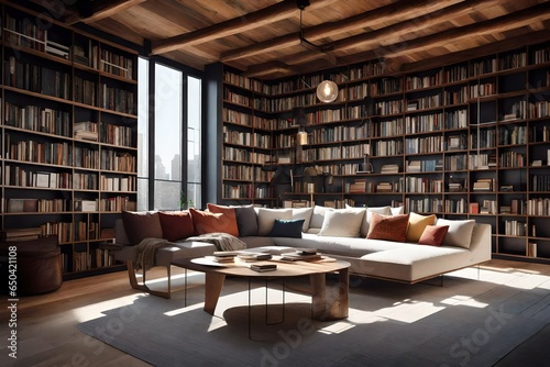 A loft apartment's modern library, with built-in bookshelves and a cozy reading nook
