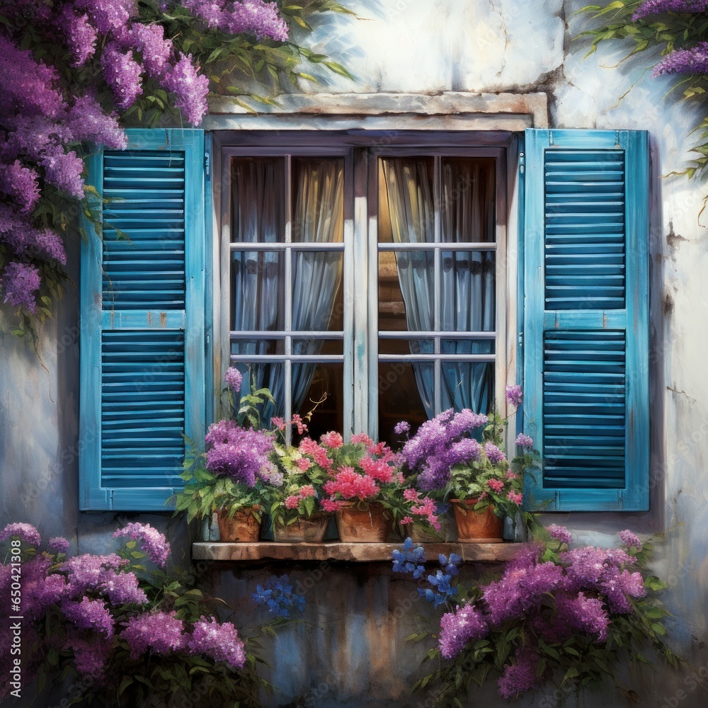 Rustic Window with blue shutters. Wooden paint wall. Generate AI