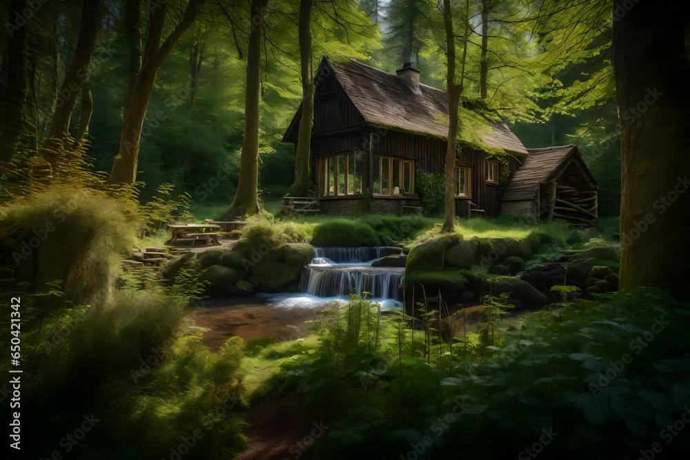 A tranquil view from the windows of a rustic cottage, capturing the serene beauty of a woodland glade and a crystal-clear stream A tranquil view from the windows of a rustic cottage, capturing the serene beauty of a woodland glade and a crystal-clear stream
