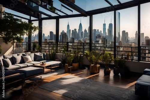 The urban tranquility of a loft apartment s rooftop oasis  with a Zen garden and cityscape views