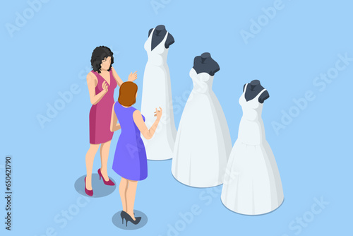Bride wearing her wedding gown with female dress designer. Isometric woman on her wedding day and choosing a wedding dress in the shop and the shop assistant is helping her