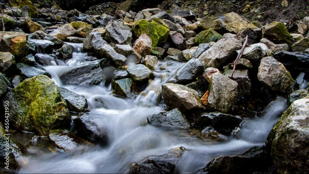 Timelapse of the foamy water stream coming down the big rocks Timelapse of the foamy water stream coming down the big rocks