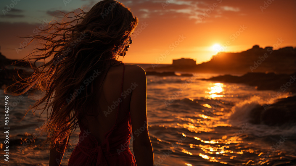 woman in red dress at sunset