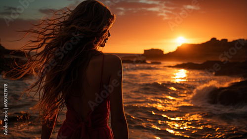 woman in red dress at sunset © Aghavni