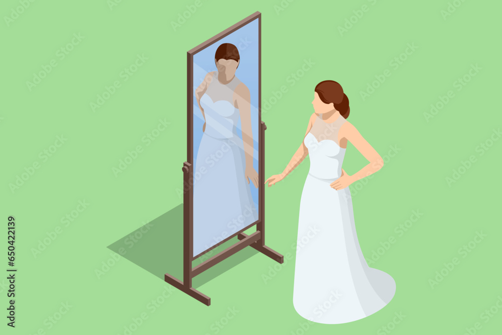 Isometric Bride is standing in front of mirror and fitting dress. Woman on her wedding day and choosing a wedding dress in the shop Isometric Bride is standing in front of mirror and fitting dress. Woman on her wedding day and choosing a wedding dress in the shop