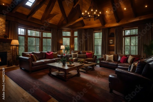The relaxation and warmth of a cottage s family room  with plush seating and a forest view