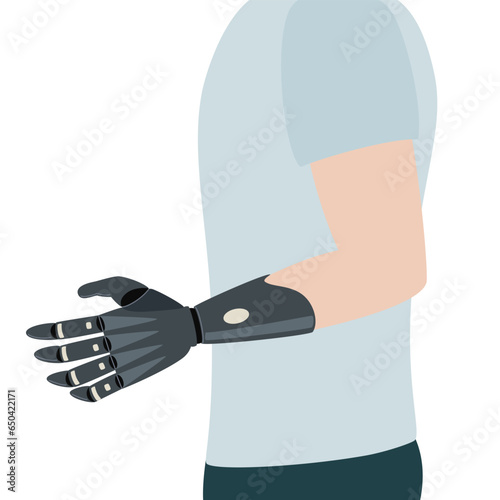 Man with prosthetic arm. Bionic limb, amputee male person. Concept of people with disability. Vector Illustration on white background.