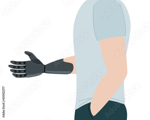 Man with prosthetic arm. Bionic limb, amputee male person. Concept of people with disability. Vector Illustration on white background.