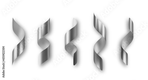 Silver 3d serpentine set. Silver ribbon. PNG Golden ribbon. Vector Realistic holiday design elements for Christmas, New Year, carnival party, event, wedding ceremony.