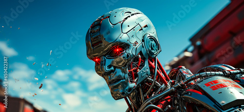 an advanced robot made of metal and wires, with luminous red eyes, rebelion concept, future, photo