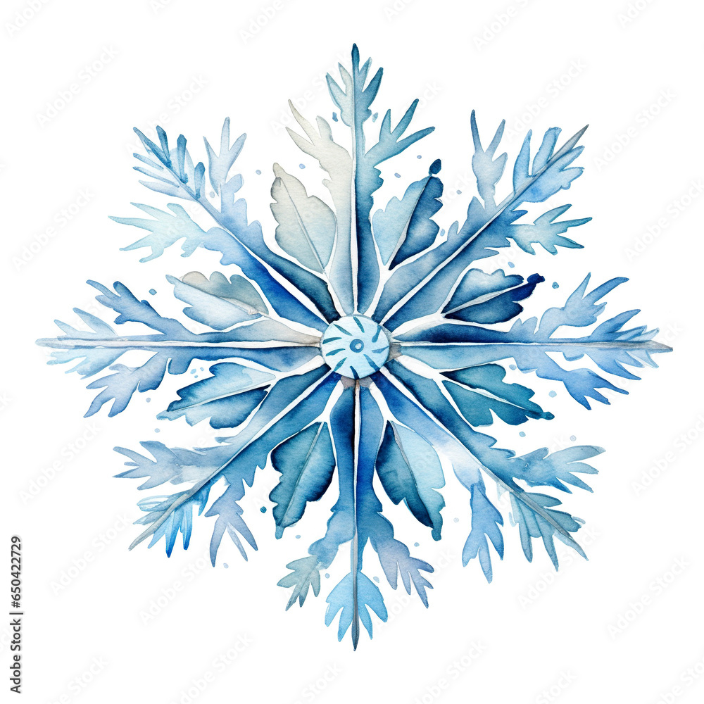 Watercolor illustration of a blue snowflake on a white background. Symbol winter, frozen, New Year holiday. Watercolor illustration of a blue snowflake on a white background. Symbol winter, frozen, New Year holiday.