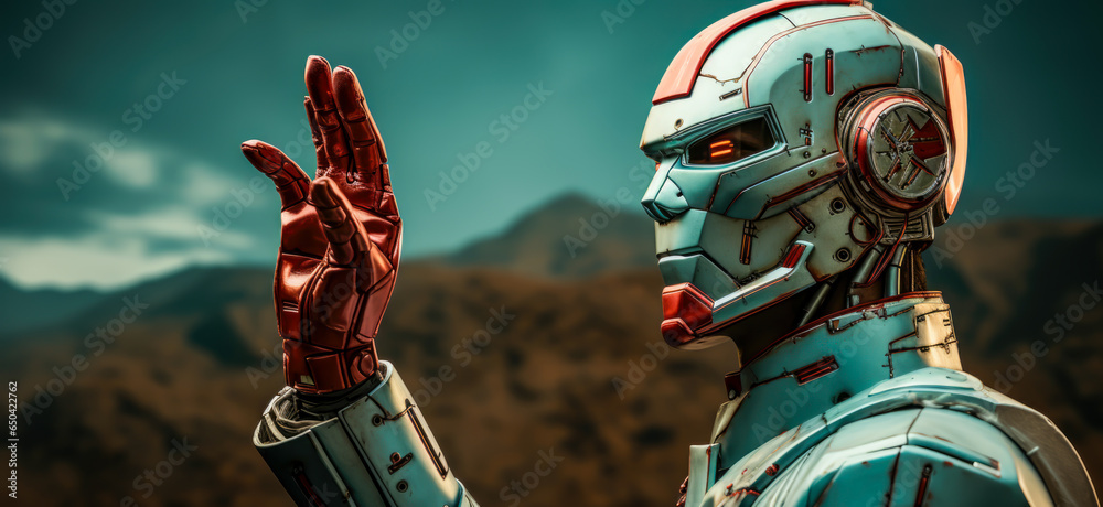 Fototapeta premium close-up of a robot cyborg with a human face, hand raised,
