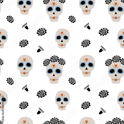 Abstract seamless pattern to Day of the Dead with Skulls, wreath and flowers. Dia de los muertos