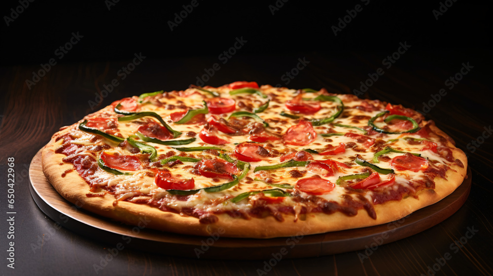 pizza on a wooden board with black background pizza on a wooden board with black background