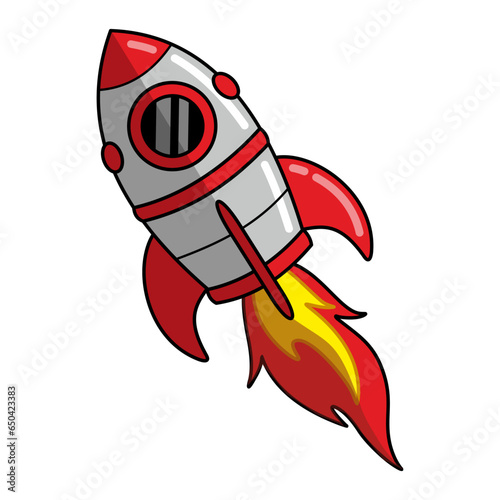 Cartoon space rocket flying. Spacecraft fly. Vector illustration of colorful space ship. Isolated colored spaceship on white background. Clipart on a cosmos theme.