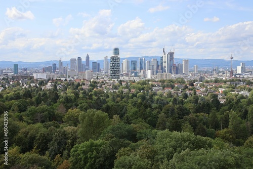 Panoramic view of the Frankfurt skyline with green forest in the foreground on a sunny day.