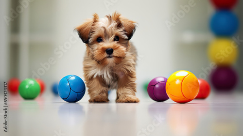 Yorkshire Terrier puppy and colorful balls on the floor, selective focus. An active puppy in the playroom with colorful toys. Illustration for puzzle or copybook cover