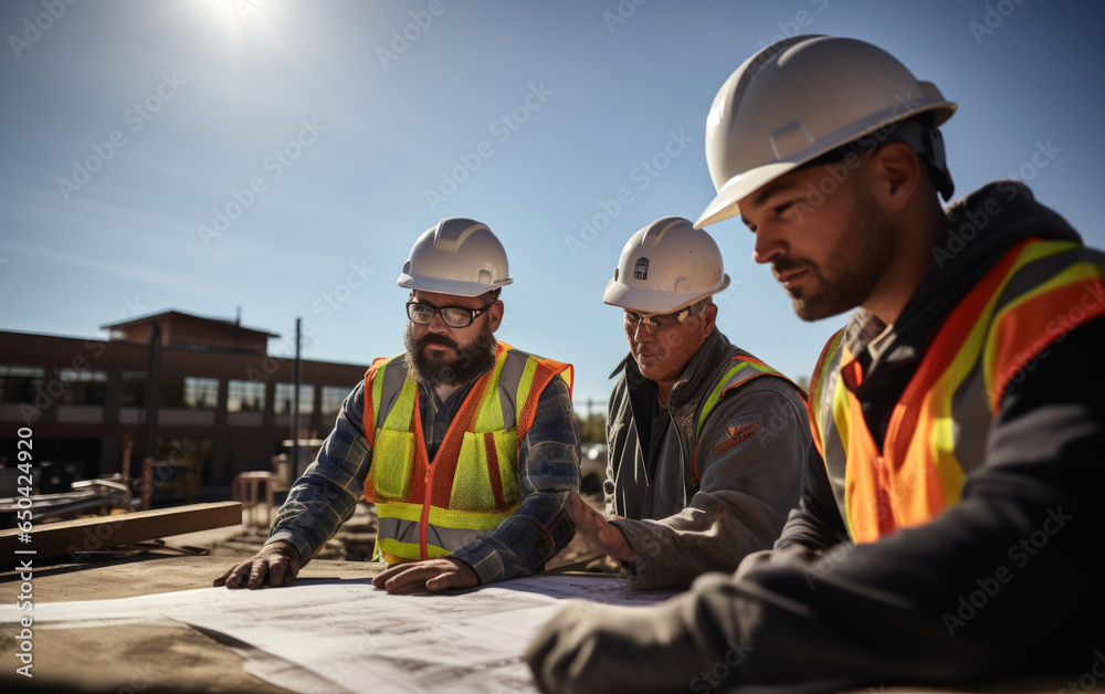 Construction workers collaborating over site plans. Generative AI Construction workers collaborating over site plans. Generative AI