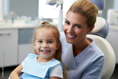 little girl posing with her female dentist at a Children s dentistry for healthy teeth and beautiful smile