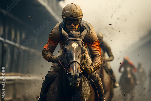 Racing horses galloping in the dust at sunset © nicolagiordano