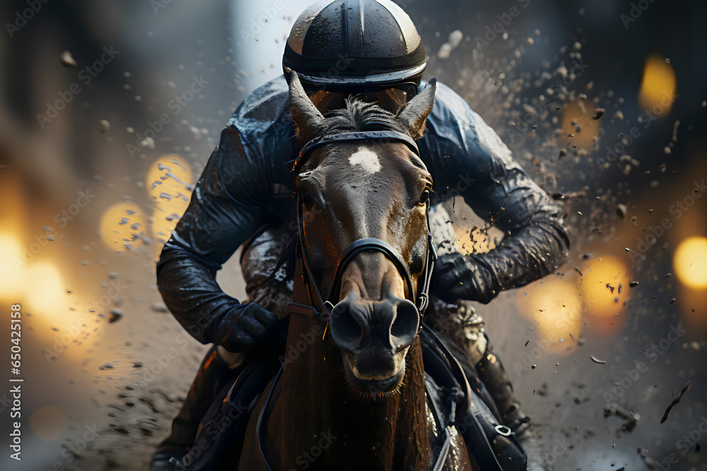 Fototapeta premium Racing horses galloping in the dust at sunset