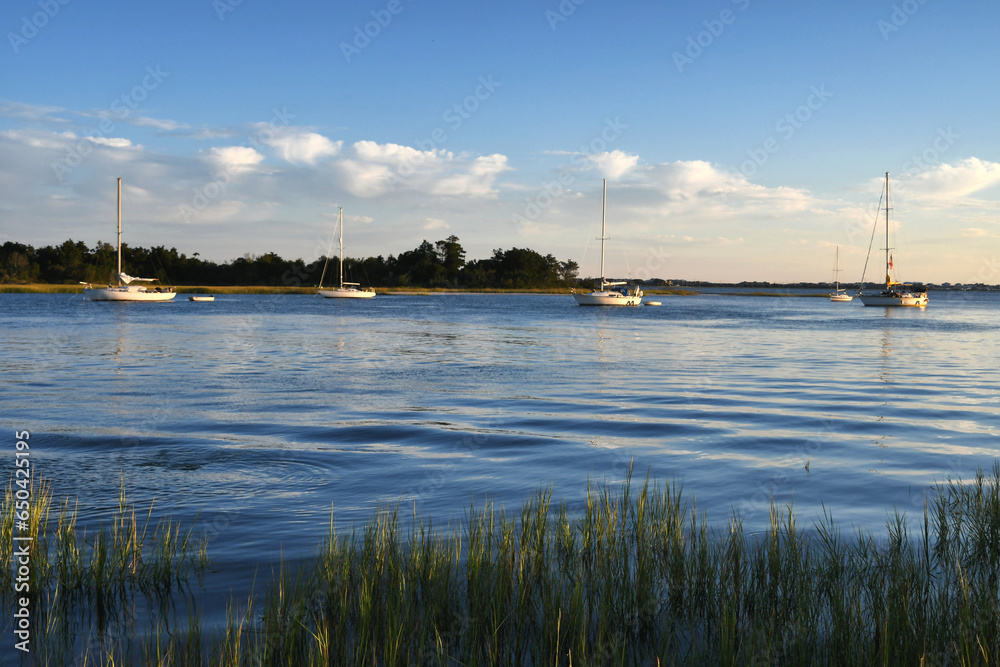 Sailboats anchored in a placid harbor in the evening