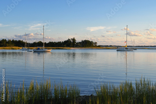 Sailboats anchored in a placid harbor in the evening